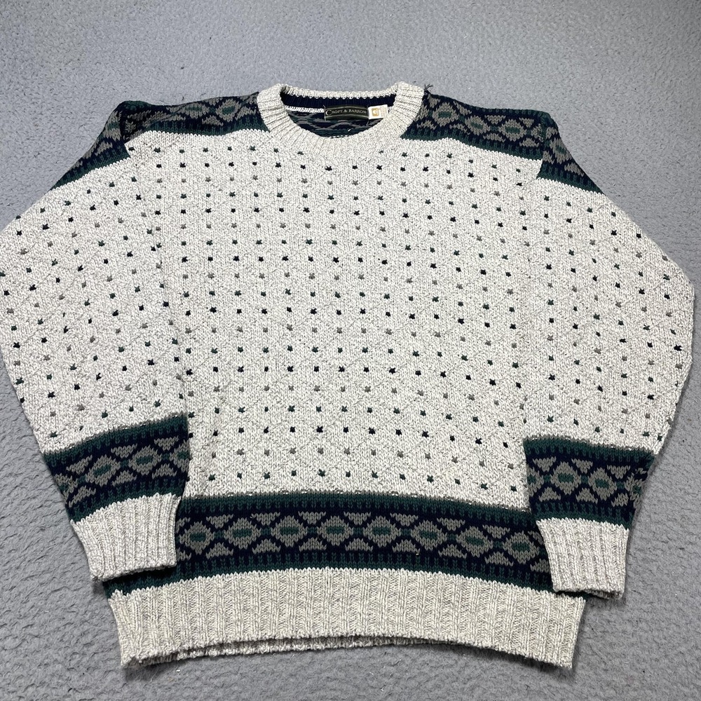 Croft & Barrow Sweater Mens‎ Large White Cotton Fair Isle Knit Crewneck Pullover